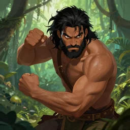 jungle warrior, male, brown skin, black messy hair, beard, badass, angry, fight, high fantasy, dnd, smooth, sharp focus, illustration, by rossdraws, alphonse mucha, frank fanzzeta