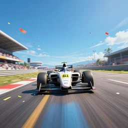 cinematic low wide angle shot worms eye view of a realistic futuristic vehicle racetrack winners with confetti on a sunny day with a clear blue sky angled up, cyberpunk, dolly zoom, digital painting, good value control, vibrant colors, rule of thirds, golden ratio, horizon line focus, sharp focus, 8 k, fourze, realistic textures, f zero, speed racer