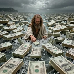 dystopian Moses parting a sea made of dollar bills