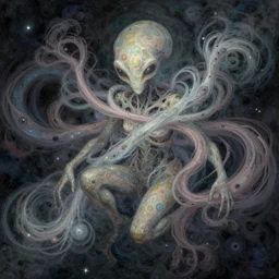 a shapeless extraterrestrial nordic made of space and time, weaving color of predetermination and a state of utter confusion across the universe, muted colors, fantasy illustration, digital art