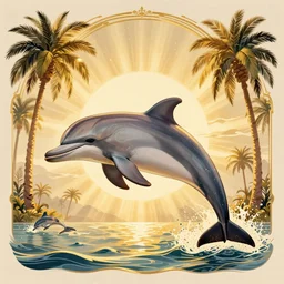 dolphin swimming, golden hour, god rays, by artgerm and ismail inceoglu and greg olsen, palm trees, masterpiece, beautiful, intricate, elegant, highly detailed