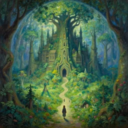 an elven tree city, strange and hauntingly beautiful, a verdant enchanted vibrant dreamscape protected by a magic barrier dome | introspective meandering fantasy endless path | gouache painting by thomas cole, terese nielsen, and edvard escher guay, magically shaped surrealism, trending on artstation