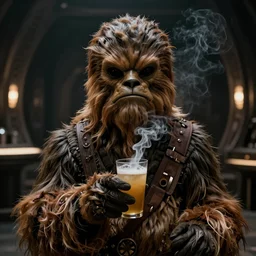 still of a rodian!!! alien having a drink with a wookie!! in the mos eisley cantina in Star Wars 1977. symetric face. smoke. dark mood. latex mask.
