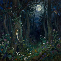painterly dreamy dark forest with trees, flowers, birds, barely seen women, liana, thistle and midnight sky with moon and stars by Mikhail Vrubel, dark fantasy, witcher, very detailed oil painting in the alla prima style, masterpiece, 8k