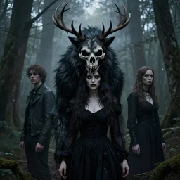 style artgerm, joshua middleton, rafael albuquerque, gerald brom : : scary wendigo with antlers and skull face mixed with werewolf : : [ [ beautiful female witch wearing a black dress, yellow eyes, symmetrical face, on the right side ] ] : : in the forest, detailed, dark and foggy, cinematic lighting