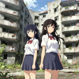 Abandoned and derelict apartment complex with Chito and Yuuri standing in front of it  in the style of Shōjo Shūmatsu Ryokō (girl's last tour)  made by Tsukumizu, pixiv, pinterest anime, art by a known anime artist, art by manga, realistic, wide focus, 8k ultra, insanely detailed, intricate, elegant, art by Laurie Lipton, digital art
