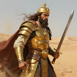 hyper realistic side view painting of the king of the desert, angry, gold armour, sword, dramatic lighting, intricate, wild, highly detailed, digital painting, artstation, concept art, smooth, sharp focus, illustration