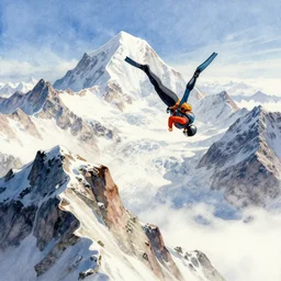 diving from the top of mount everest. Film watercolor, artstation, highly detailed. Sharp, 8k