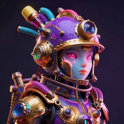 awardwinning photo of a steampunk avatar, wearing a glowing purple and golden metallic futuristic helmet with multicolored tubes and shiny metallic devices, 3 d render, crisp, 8 k, fluorescent colors, insanely integrate, nikon photography
