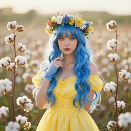goddess of nature, model pose, blue hair, yellow dress, crown of flowers, surrounded by cotton!! flowers, beautiful symmetrical face!!!, golden hour light, fujifilm provia