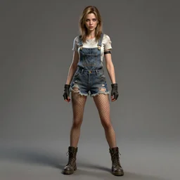 full body pose, grungy alice, torn overalls, short shorts, gloves, combat boots, fishnets, beautiful, highly detailed face, true anatomy!, extremely detailed!, digital painting, unreal engine 5, art by tom bagshaw