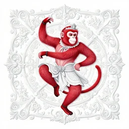 a red chinese monkey king dance, wisdom, scrollwork + rococco + baroque + white ink + magical + symmetrical + detailed intricate + heraldic design + atmosphere + by peter mohrbacher and kentaro miura + high details, in the style of jean delville, artstation, 8 k, tarmo juhola, ivan laliashvili, james gurney,
