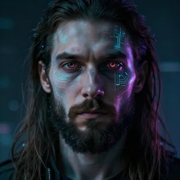 portrait of AI. sci fi. Vaporwave. Male face. Sentient digital human. Thriller. Beard. Long hair-H 500