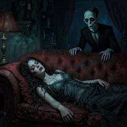 cinematic colorful horror artwork by artgerm, stephen king, lovecraft, beksinski ; real life full portrait of beautiful dove cameron lying on couch, her eyes closed, living room, midnight ; dark, gloomy, tensed, scary, 8 k hdr, creepy intricate ; volumetric dramatic lighting, detailed, haunting