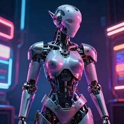 cyberpunk android made of cybernetic parts and chrome metal ornaments and dramatic lighting and bright neon lights by craig mullins
