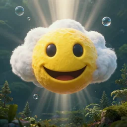 fantastical vibrant bulbous weird!!!!!!!!!!! smiley face emoji shaped cloud with holes for eyes and mouth, in a nature scene by marc adamus, high definition, rays of light breaking behind the emoji, drone camera lens orbs, 3 point lighting, highly detailed larval stage, natural color scheme, photo still from movie by denis villeneuve