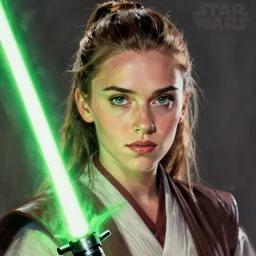 head and shoulders portrait of a female knight, jedi, young scarlett johansson, star wars, jedi robes, green lightsaber, by ralph mcquarrie, face detail, sharp focus, concept art painting