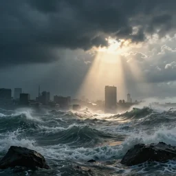 a submerged city by james paick, extreme torrential stormy waves, hurricane, matte painting, god rays, 1 5 mm lens, early morning, dramatic lighting, cinematography, game environment design, cinematic, global illumination, highly detailed, bloom