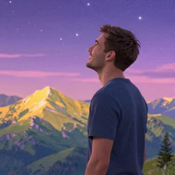 idealized detailed image of a happy man thinking while in a dream-like environment, looking over a landscape of bright, vibrant mountains and starlit skies, the sky has purple/pink undertones and