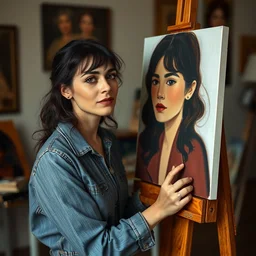winona ryder, stands at her easel, painting a self portrait