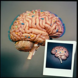 vintage cereal commercial for cereal made of brains, colorful chromatic abberation, 9 0 s toy commercial, double exposure photo from the 7 0 s, polaroid photo of all of the world's brain knowledge in one brain, by zdzislaw beksinski, by alex grey