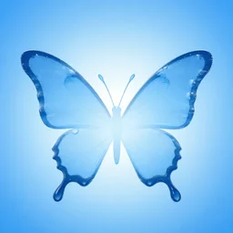droplets water butterfly outline. studio lighting, blue radial gradient background