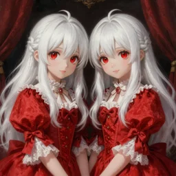 Epic rococo painting of two young twins, with white skin, long white hair and red eyes. Wearing identical red clothes. Middle age. Castlevania, ultra-detailed. Anime, pixiv, UHD 8K CryEngine, octane render