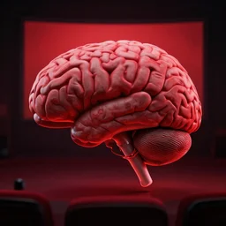 a floating brain watching a movie, red black colour scheme, highly detailed, socialist realism