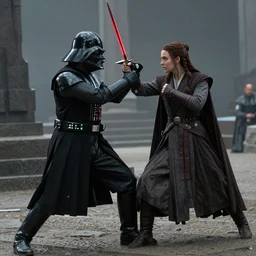 Eowyn sparring with Darth Vader, film still from Return of the King (2003)