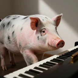 a spotted pig playing a piano