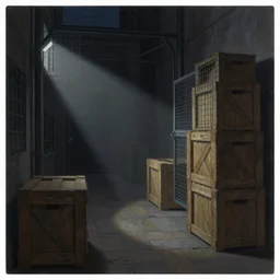 a beautiful painting digital  of a dark alley room at night with wooden crates metal grids by james gurney