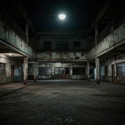 an old creepy empty mall at night with only one light on