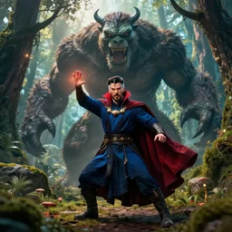dr. strange magician fights big monsters in the forest, cg