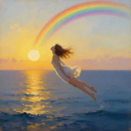 the flying girl over the ocean, golden morning sun, rainbow , simulation Portrait by Paul Bonner, oil on canvas