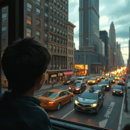 beautiful matte painting of boy looking from his window on traffic jam on the streets of neo new york by greg rutkowski