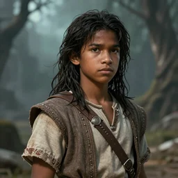 An epic fantasy comic book style portrait painting of a young dark skinned long haired boy in peasant clothes with intelligent eyes in the style of the wheel of time, unreal 5, DAZ, hyperrealistic, octane render, cosplay, RPG portrait, dynamic lighting