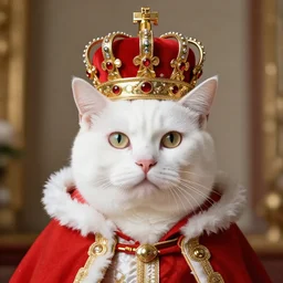 portrait of a white cat with red royal garment and big rich royal crown