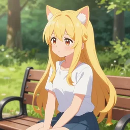 3 d photo of an anime girl with cat ears and long blond hair looking to her side, sitting on a bench with a park behind her, bokeh, shader, anime art style, highly detailed, cel - shaded, colorful, animated, trending