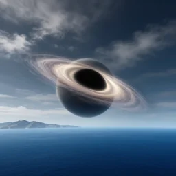 A black hole viewed from the surface of a blue ocean planet, sparse mountains on the horizon, clouds, light fog, dramatic lighting, stunning, art by Jessica Rossier. The black hole has a visible, glowing accretion disk.