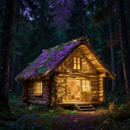 portrait of an ethereal log cabin made of golden purple and green light, evergreen forest, divine, cyberspace, mysterious, dark high-contrast concept art, 3D render