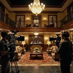 cinematography of the overlook hotel's lobby from stanley kubrick's 1 9 8 0 film the shining, inside the soundstage set for the overlook hotel interior shot on 3 5 mm eastman 5 2 4 7 film by the shining cinematographer john alcott shot on a 6 5 mm cooke panchro macro lens with golden ratio composition