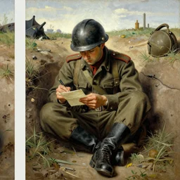 a beautiful painting of an italian soldier from world war 2 sitting in the trench, writing a letter, magritte