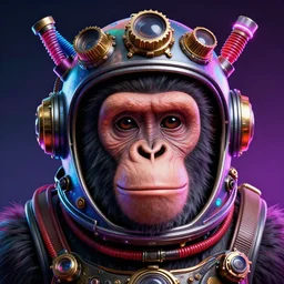 movie poster of a realistic smiling ape head with a steampunk space helmet with multicolored glowing tubes and cables, crisp, trippy, fluorescent colors, insanely detailed, 3 d render, front shot, 3 5 mm