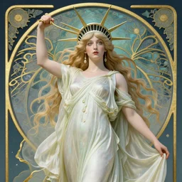 Beautiful and playful ethereal lady liberty, art nouveau, fantasy , elegant, highly detailed, sharp focus, art by Artgerm and Greg Rutkowski and WLOP
