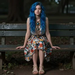 dslr photo of a pretty young woman, full bodied portrait, face, legs and body, with blue hair, sitting on a bench wearing a flower skirt, and body and wearing hemp sandals and a very detailed faerie necklace around neck, artgerm, artstation, very high quality face, extremely high quality, moody lighting, real camera, real photo, photography by deviantart, 8 k