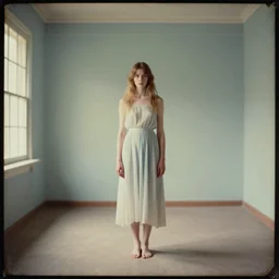 beautiful girl in an empty room, daguerreotype by segantini, by Edward hopper, art noveau, highly detailed, strong lights, liminal, eerie, Bright pastel colors, octane render, 8k