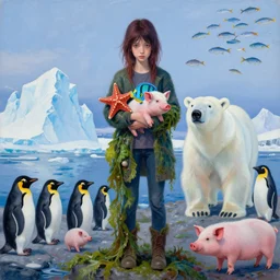 a tall emo girl holding a tropical fish and a piglet in antarctica, starfish, covered in seaweed, polar bear, icebergs, penguins, schools of fish, pigs, acrylic on canvas, surrealist, by magritte and monet