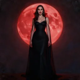 Full body photo of the beautiful woman Gal Gadot a vampire, she is quiet, she has vampire fangs, there is a red glow coming from her, she is getting ulluminated by the red full moon, the photo was taking by Annie Leibovitz, matte painting, oil painting, naturalism, 4k, 8k