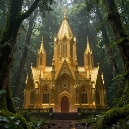 a golden cathedral in the middle of a rain forrest, moss, moist, symmetry, elegant, intricate æ, 8 k, ultra high quality, blender art, the golden ratio, mysticism, cinematic, concept art, gustav moreau, noah bradley