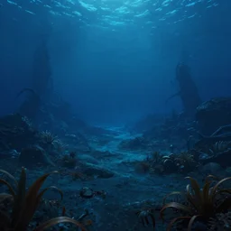 vanishing perspective view of the alien landscape on the ocean bed, deep blue ocean color, some plant life, alien landscape, cinematic perspective, cinematic lighting, matte painting, detailed, sci - fi, hdr, 4 k, artstation